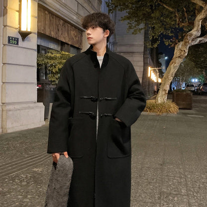 sanyamk Autumn Winter Men Horn Button Woolen Coat Mid Length Stand Collar Trench Coat Solid Color Big Pocket Overcoat Streetwear