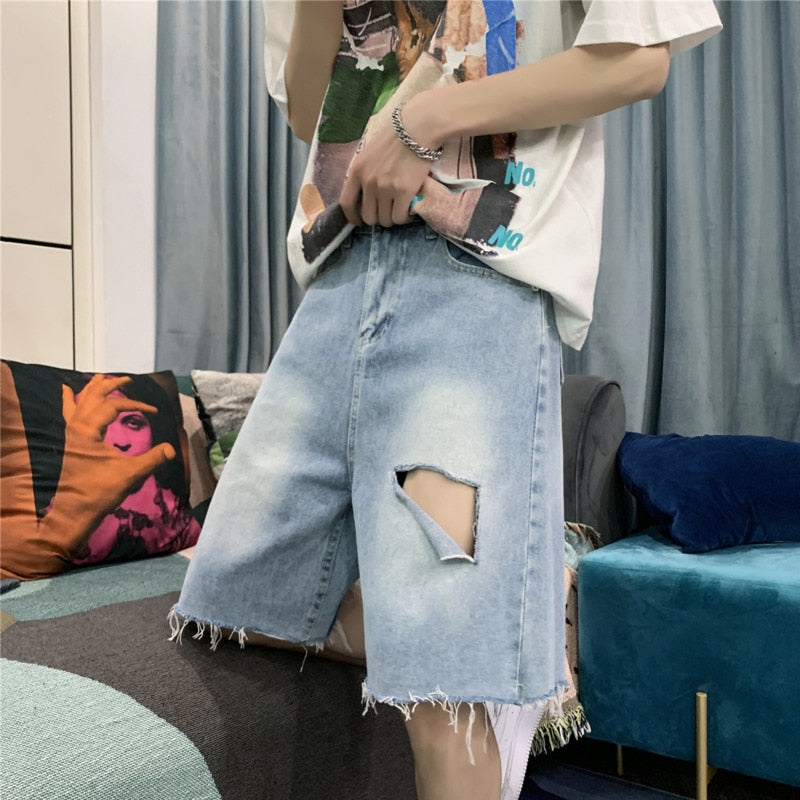 sanyamk Summer Blue Ripped Denim Shorts Men Fashion Casual Straight Denim Shorts Mens Streetwear Loose Hip-hop Hole Jeans Shorts Men