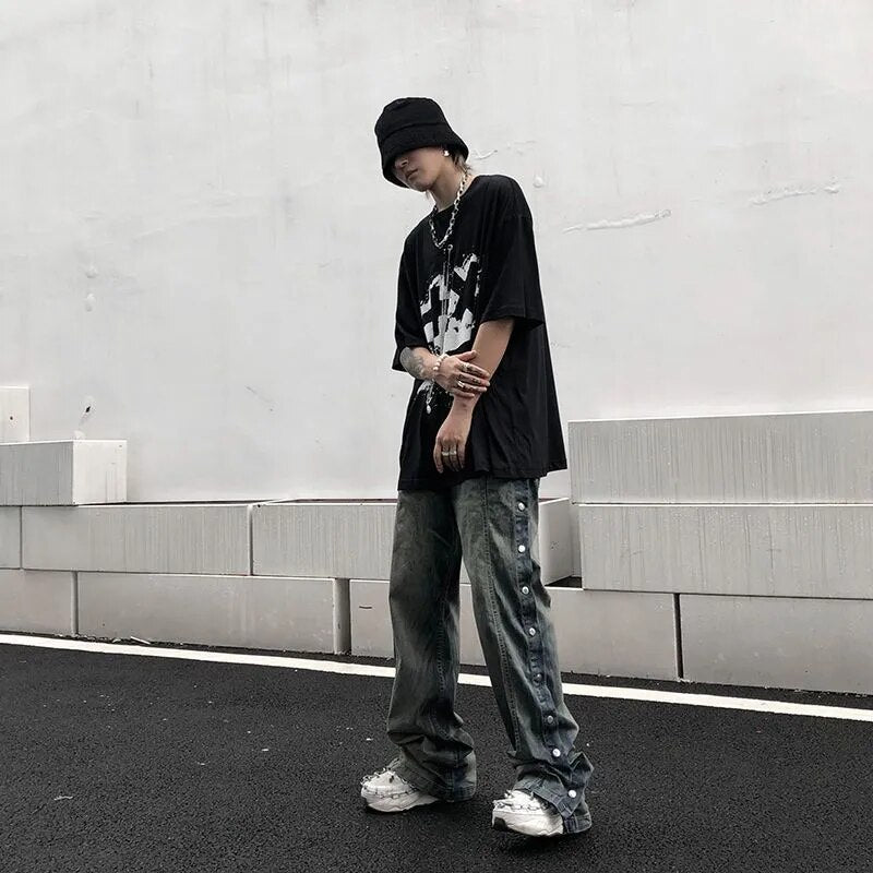 Bonsir Jeans Men Washed Old Breasted Oversized Denim Pants New Harajuku Fashion Casual Retro Loose Hip Hop Straight Trousers Streetwear