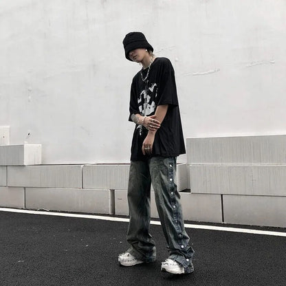 sanyamk Jeans Men Washed Old Breasted Oversized Denim Pants New Harajuku Fashion Casual Retro Loose Hip Hop Straight Trousers Streetwear