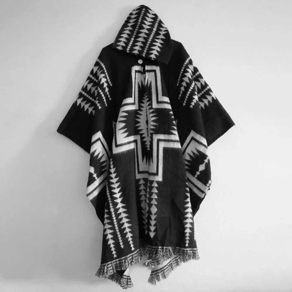 sanyamk Autumn Mens New Fashion Casual Knitted Tassel Hooded Cloak Retro Ethnic Totem Loose Unisex Sweater Cloak