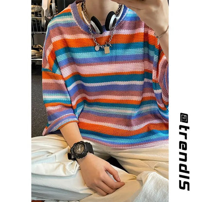 Bonsir American Men and Women Summer Personalized Waffle Stripe Rainbow Round Neck Short Sleeve Loose Hip Hop Casual T-shirt Top