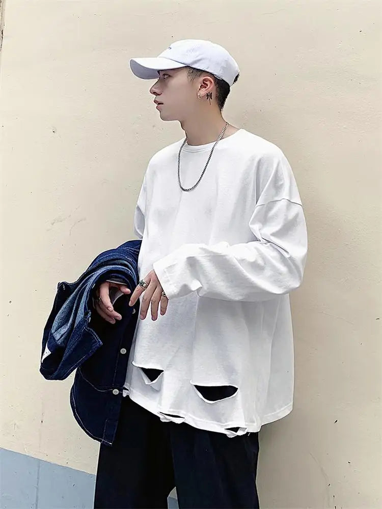 sanyamk  -  Men's Long Sleeved T-Shirt Solid Color Bottom Shirt Spring Fashion Brand Hem Hole Design Street Loose Hip-Hop T-Shirt