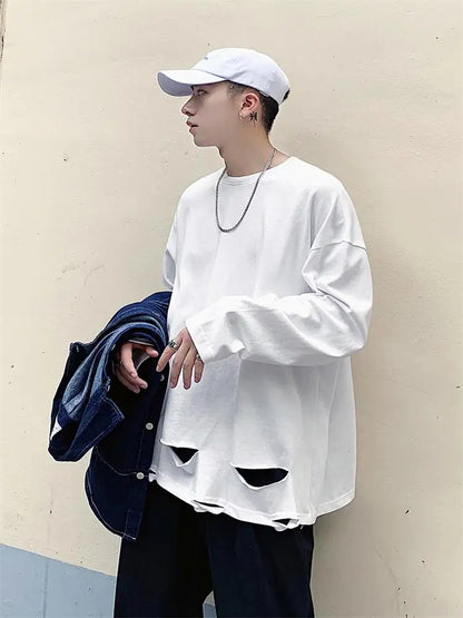 sanyamk  -  Men's Long Sleeved T-Shirt Solid Color Bottom Shirt Spring Fashion Brand Hem Hole Design Street Loose Hip-Hop T-Shirt