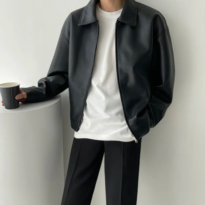 sanyamk Autumn Black Leather Jacket Men Fashion Oversized Leather Jackets Mens Streetwear Korean Loose Hip-hop Bomber Jacket Men Coat