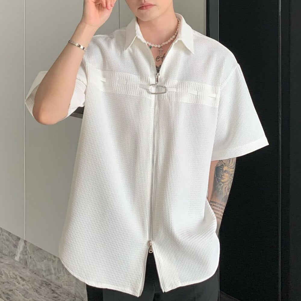 sanyamk  Short Sleeve Shirt Mens Temperament Casual Top Tees New Summer Loose Textured Y2K Shirts Solid Male Tops  Neutral Camisetas