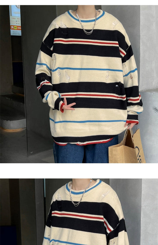 Bonsir Ruffian handsome striped tattered knitwear men's Korean version trend loose small crowd high street hip-hop couple round neck