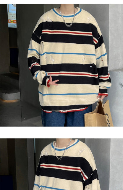 sanyamk Ruffian handsome striped tattered knitwear men's Korean version trend loose small crowd high street hip-hop couple round neck