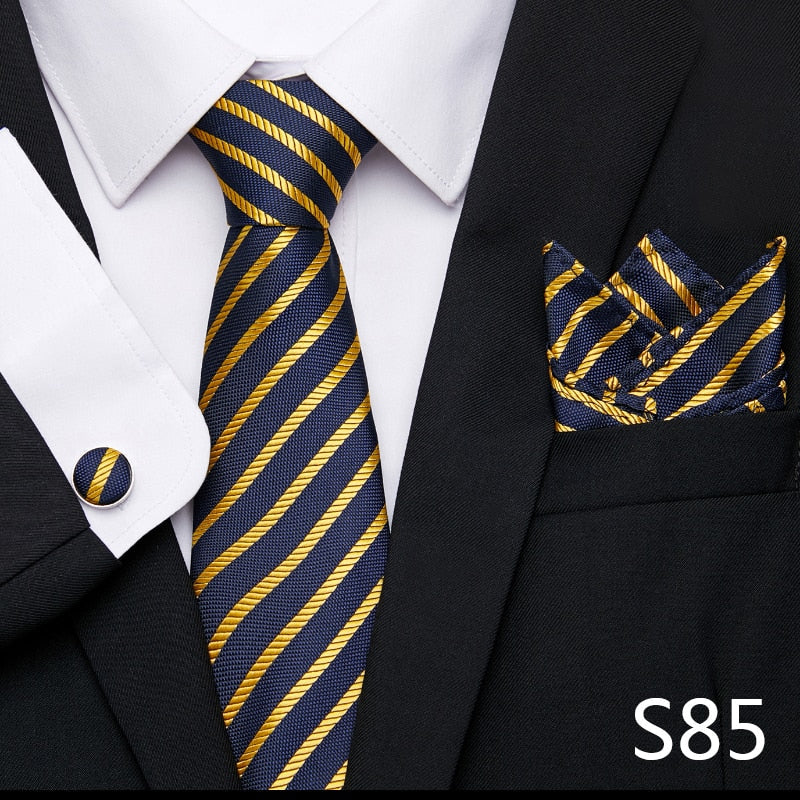 sanyamk Newest design Silk Festive Present Tie Handkerchief Cufflink Set Necktie Man's Plaid Yellow Shirt Accessories