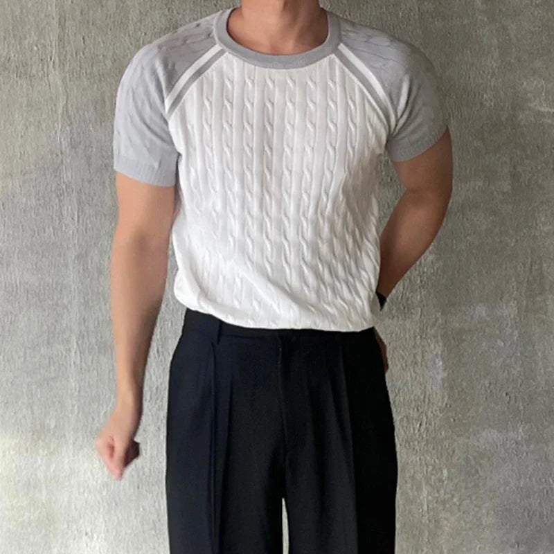 sanyamk  -  New Mens Knit T Shirt Vintage Slim Fit O Neck Short Sleeve Patchwork Knitted T-shirts Men Summer Casual Breathable Knitting Tops