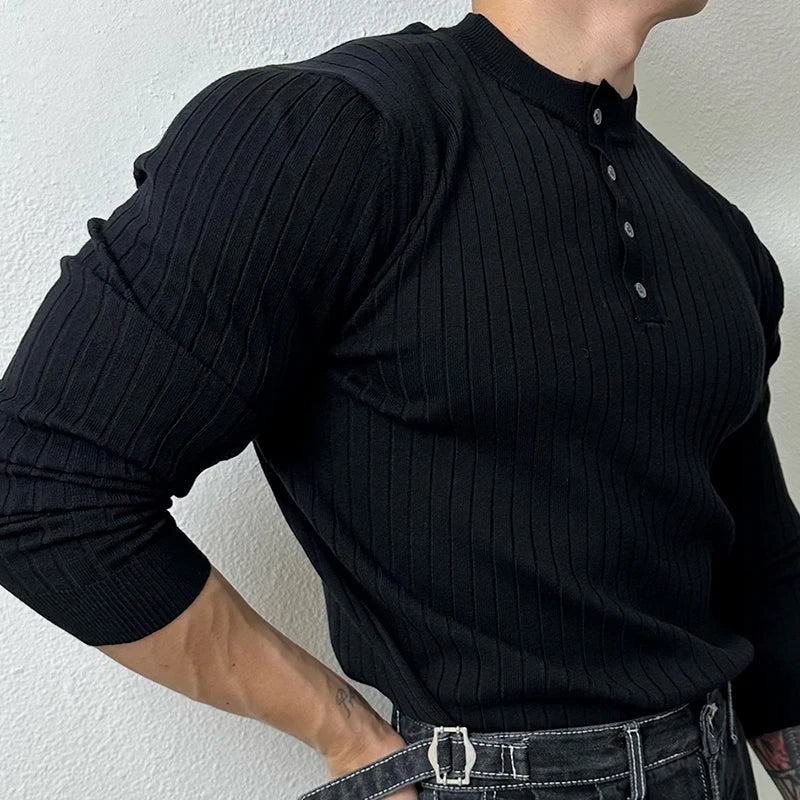 sanyamk  - Vintage Henley Collar Knitted T Shirt Mens Spring Fashion Pure Color Slim Long Sleeve T-shirts For Men Knitwear Casual Pullover