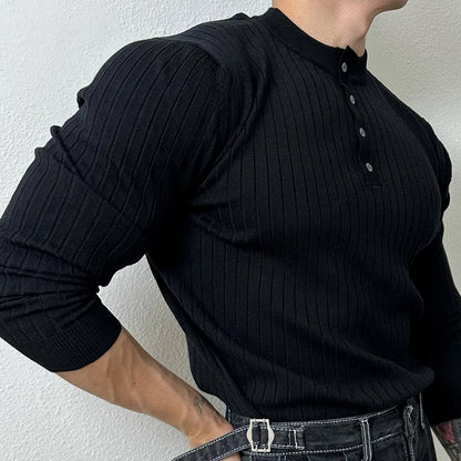 sanyamk  - Vintage Henley Collar Knitted T Shirt Mens Spring Fashion Pure Color Slim Long Sleeve T-shirts For Men Knitwear Casual Pullover