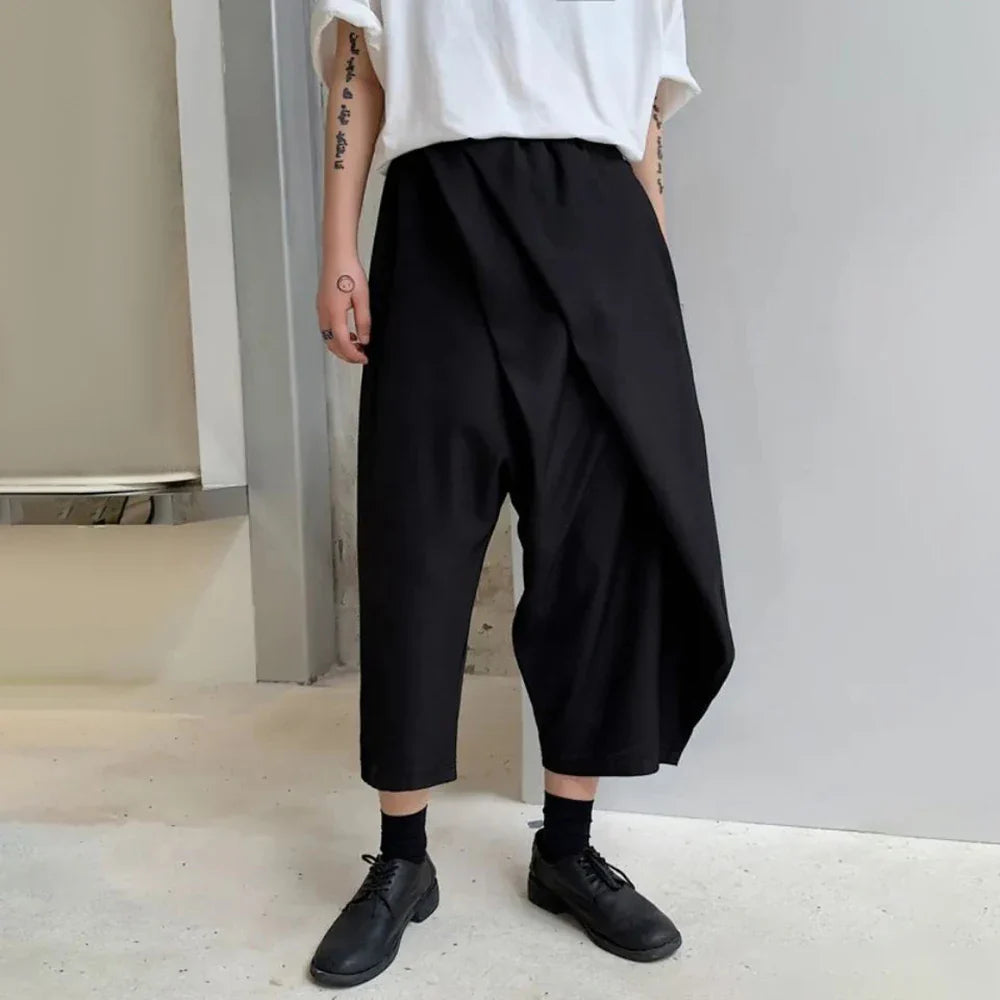 sanyamk Men Double-Layer Irregular Pleated Wide-Leg Pants 2024 New Genderless Dark Style Retro Loose Solid Color Nine-Point Pants Unisex