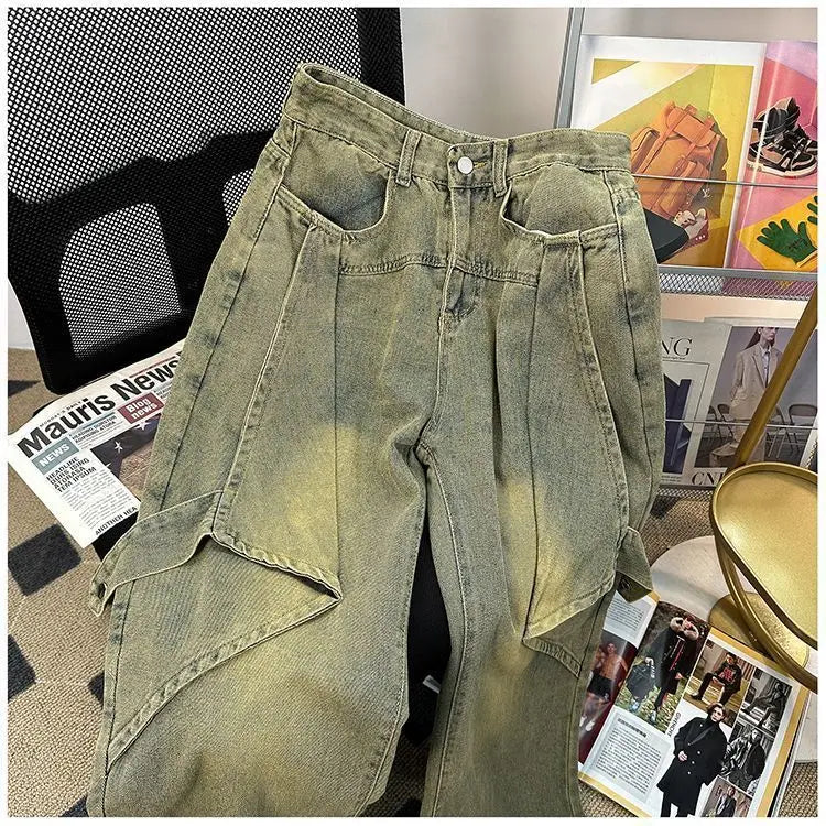 sanyamk Spring Men and Women Trendy Street Personalized Washed Straight leg Jeans Couple Loose Wide Leg Floor Raging Casual Pants