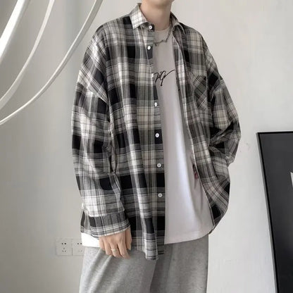 sanyamk Plaid Shirts Men Autumn Stylish Simple High Street American Style Teenagers Vitality Daily Retro Baggy Couple Prevalent Tops