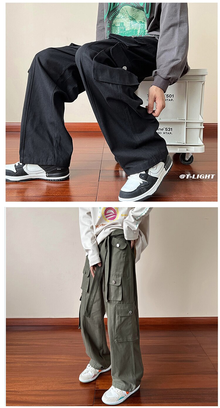 Bonsir High Street Casual Multi-pockets Overalls Men's and Women's New Autumn Cargo Pants Loose Straight Wide Leg Pants With Belt