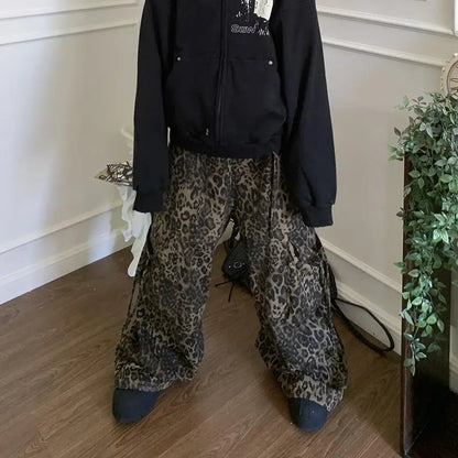 sanyamk Leopard Cargo Pants Men Y2K Parachute Oversize Wide Leg Trousers Male Streetwear Hip Hop Harajuku Animal Print