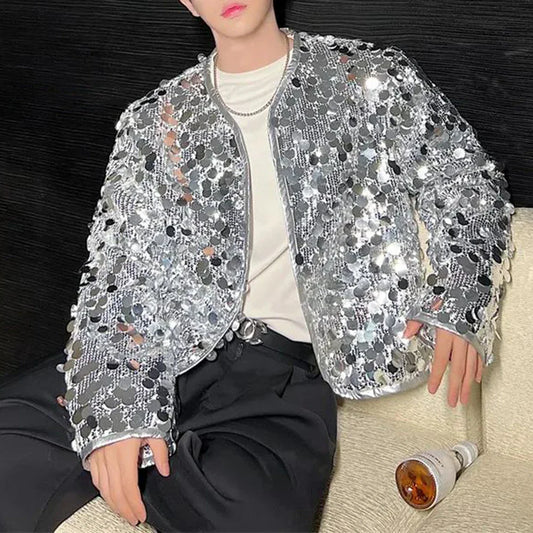 sanyamk Mens Street Sequin Stage Performance Short Jacket Autumn Genderless Nightclub Niche Personality Fashion Trend Jacket Unisex