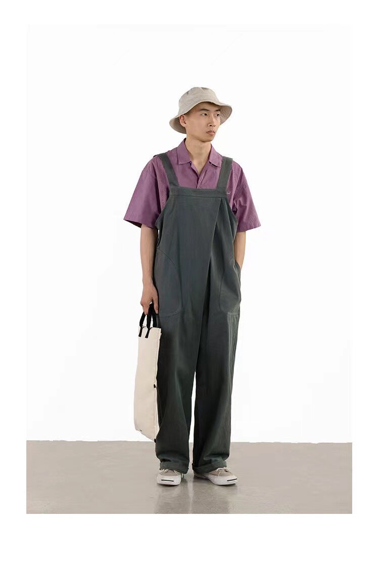 Bonsir Japanese Style Men's Pure Color Loose Salopettes Fashion Casual Pants Cargo Streetwear Jumpsuit Rompers Loose Trousers