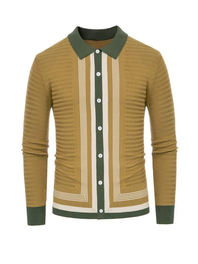 sanyamk Stripe Knit Polo Shirt Spring Autumn Men Long sleeved lapel Knitwear Ice Cool Silk Fabric Business Polos Cardigan Sweater Male