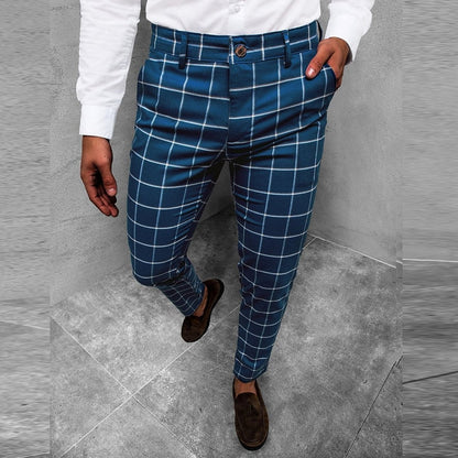 Bonsir Men Clothing Spring Summer Mid Waist Button-up Trousers Streetwear Pockets Pencil Pant Fashion Slim Plaid Print Long Pants