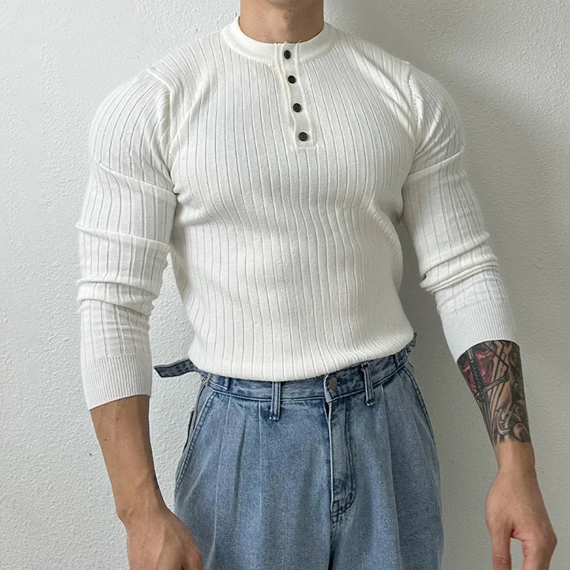 sanyamk  - Vintage Henley Collar Knitted T Shirt Mens Spring Fashion Pure Color Slim Long Sleeve T-shirts For Men Knitwear Casual Pullover