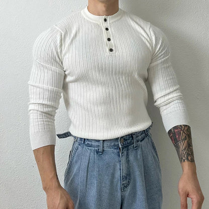 sanyamk  - Vintage Henley Collar Knitted T Shirt Mens Spring Fashion Pure Color Slim Long Sleeve T-shirts For Men Knitwear Casual Pullover