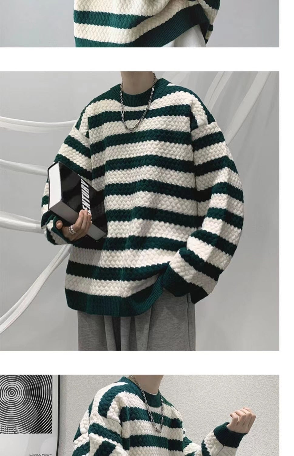 sanyamk Winter Men's Stripe Printing Coats Round Neck Wool Sweater Retro Loose Pullover Fashion Trend Thickened Knitting M-2XL