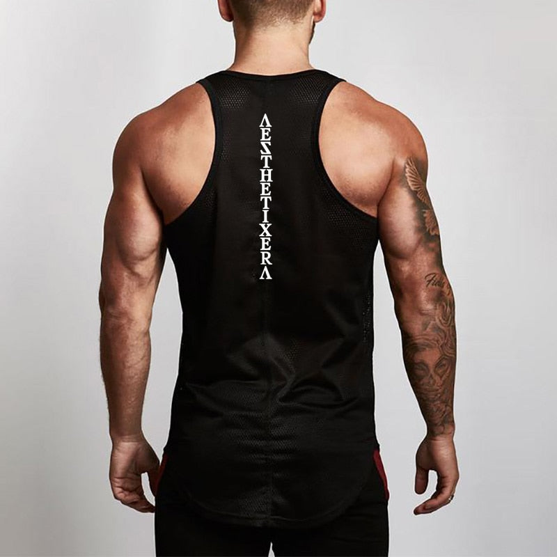 sanyamk Mens Fitness Mesh Tank Tops Gym Clothing Bodybuilding Workout Cotton Sleeveless Vest Male Casual Breathable Fashion Undershirt