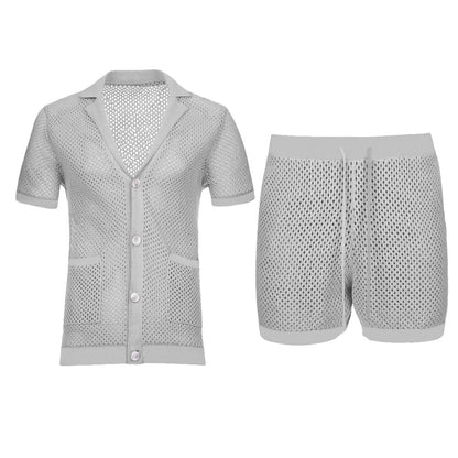 sanyamk Men's Summer Casual Solid Color Hollow Mesh Sweater Suit Men's Fashion V-neck Shirt Shorts Thin Section Outerwear Two-piece Suit