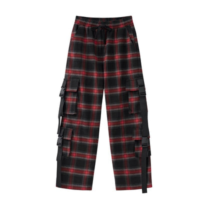 Bonsir Muliti-pokcetrs Sashes Drawstring Checkered Cargo Pants Mens High Street Straight Patchwork Baggy Casual Trousers Oversized