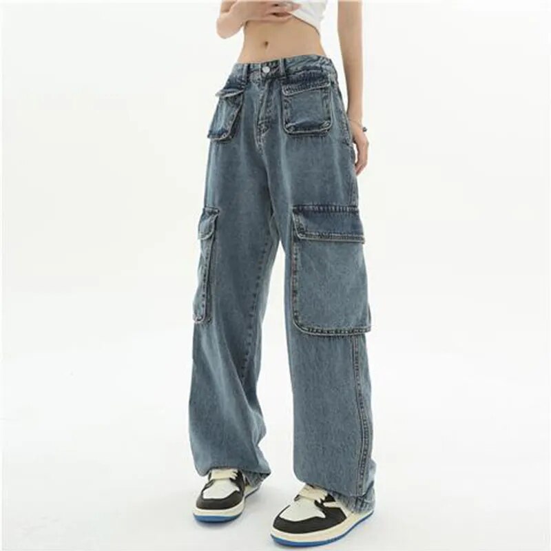 sanyamk Vintage Oversize Cargo Jeans Women Streetwear Fashion Wide Leg Pants Denim Elastic Waist Baggy New Straight Casual Trousers