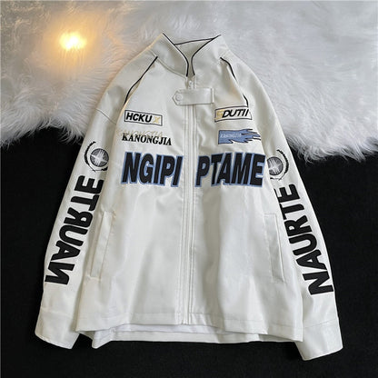 sanyamk American Embroidered Leather Jacket Men Pilot Motorcycle Suit New Fashion Casual Punk Harajuku Oversized Jacket Streetwear