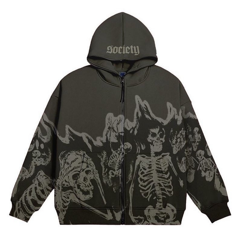 sanyamk Mens Black Streetwear Skull Hoodies Y2K Vintage Cardigan Skeleton Hoodie Men Oversized Zip Up Hooded Sweatshirt Tokyo Revengers