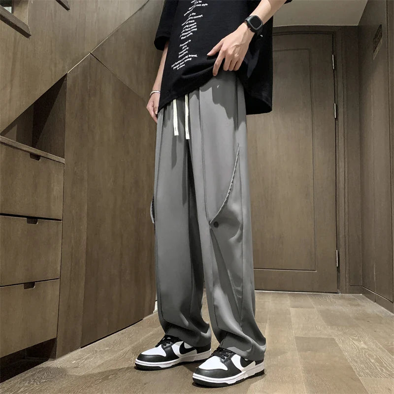 Bonsir Men's Loose Casual Pants Brown Straight Baggy Elastic Waist Wide-leg Pants Spring Summer Autumn Trousers Black Gray 4X 5XL