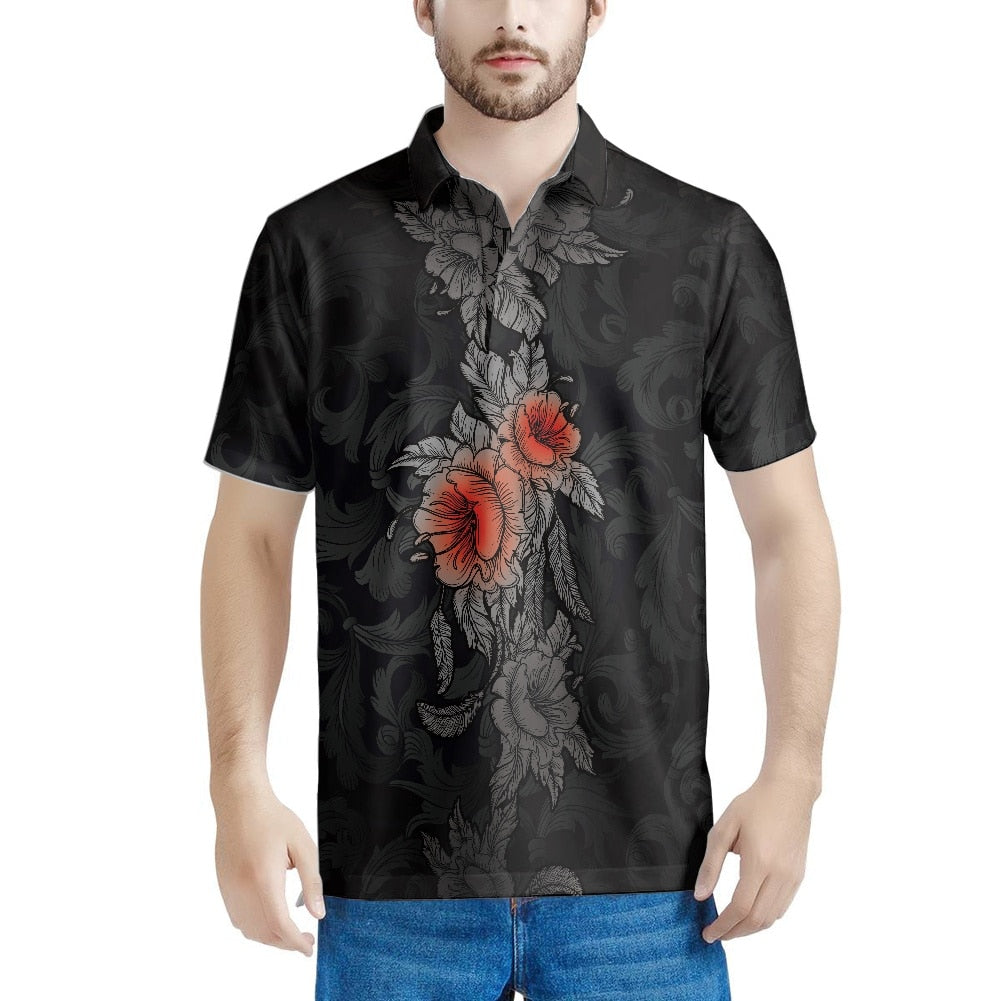 sanyamk Gothic Rose Pattern 2022 Summer Casual Polo Shirt Men Short Sleeve Turn Down Collar Slim Fit Holiday Beach Party Eye-catching