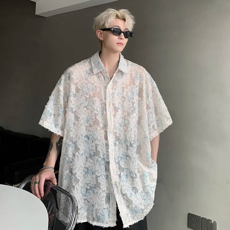 Bonsir Transparent Floral Handsome Shirts Summer Thin Fashion Casual Streetwear Loose Shirt Breathable Short Sleeve Men's Clothing