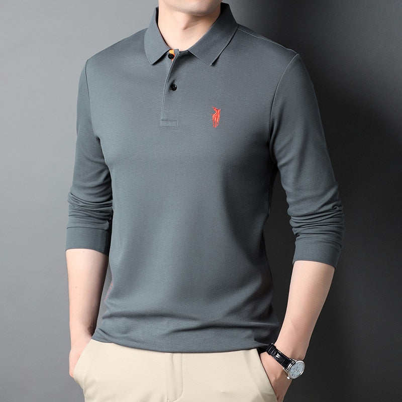 sanyamk Top Grade Cotton New Fashion Logo Designer Brand Luxury Mens Polo Shirt With Long Sleave Plain Casual Trendy Tops Men Clothes