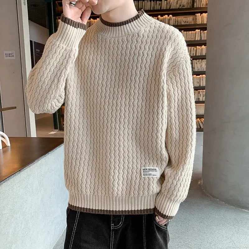 Bonsir Men's Clothing Autumn Winter Korean Contrast Color Casual Streetwear Knitted Sweater Trend Long Sleeve Loose Pullovers Tops