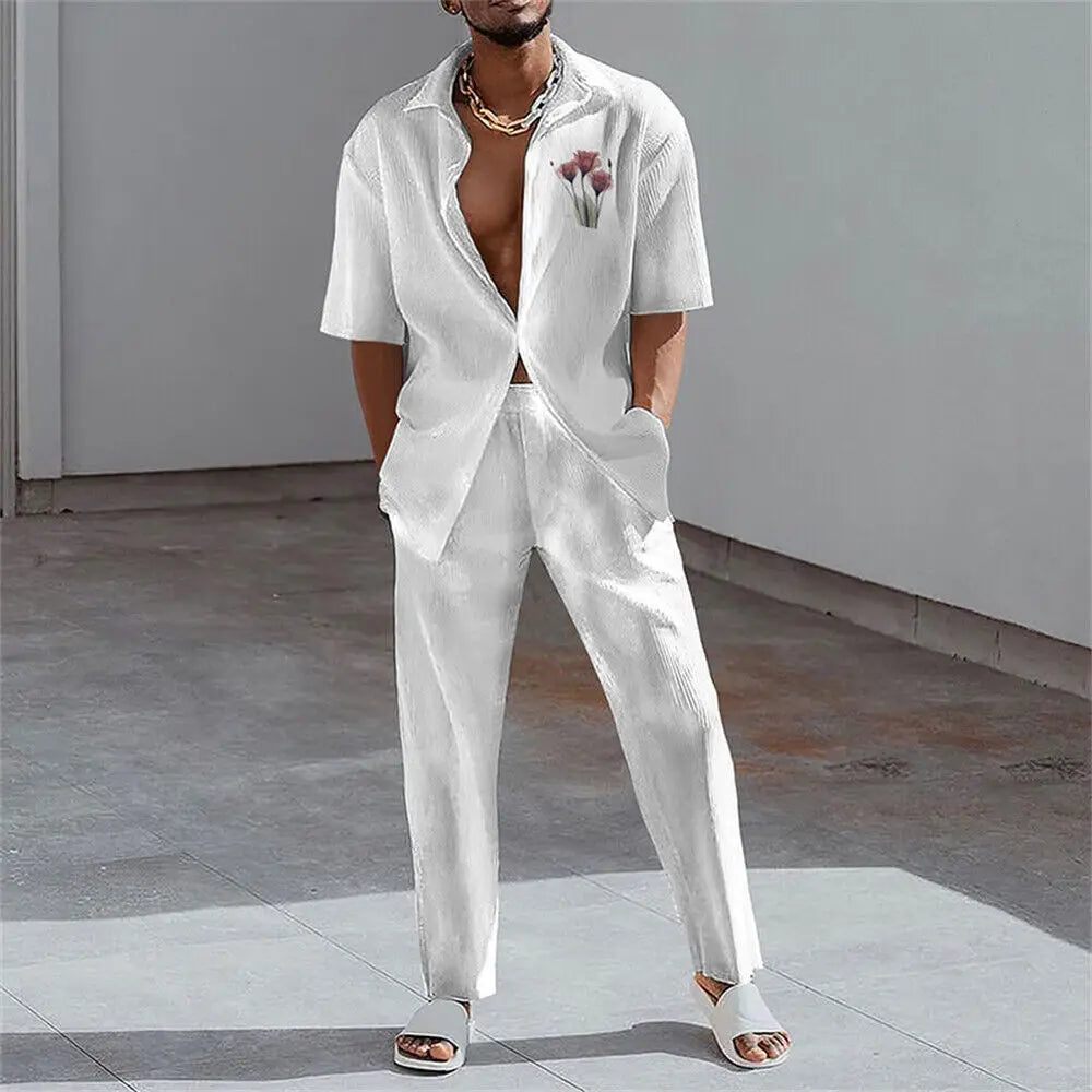 sanyamk 2024 Fashion 3D Print Two Piece Set Men Summer Short Sleeve Lapel Shirts Top And Pants Casual Suit Streetwear Mens Outfit