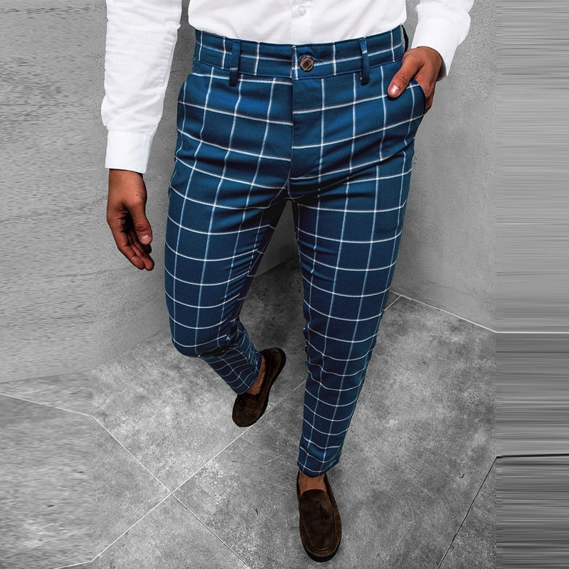 Bonsir Men Clothing Spring Summer Mid Waist Button-up Trousers Streetwear Pockets Pencil Pant Fashion Slim Plaid Print Long Pants