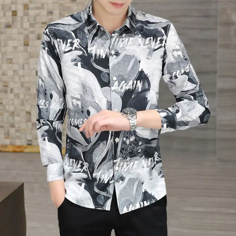 sanyamk Spring Summer Polo-neck Fashion Printed Long Sleeve Blouse Homme Vintage Buttons Top Men Personity Trend Shirt Hombre Cardigan