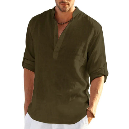 sanyamk Summer New Cotton And Linen Stand-Up Collar Buckle Half Placket Simple Short-Sleeved Shirt Men'S Loose Top Handsome T-Shirt