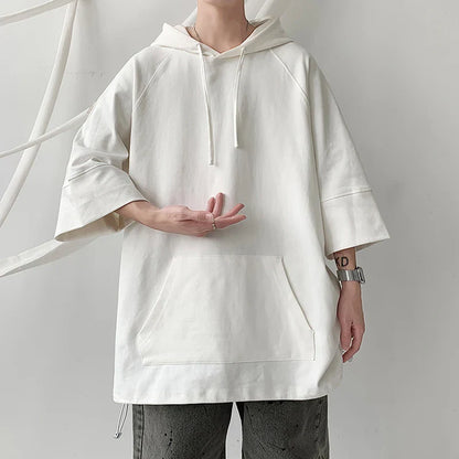 Bonsir Solid Color Hooded T shirt Men Summer Korean Short Sleeve Pullover Loose Casual T-shirt Streetwear Drawstring Tops Men Clothing