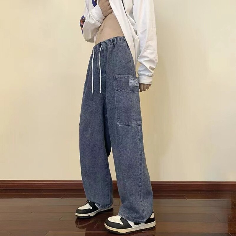 sanyamk Men's Vintage Work Clothes Jeans Fashion Trend Straight Pants Elastic Waist Trousers Blue Color Loose Casaul Pants S-2XL