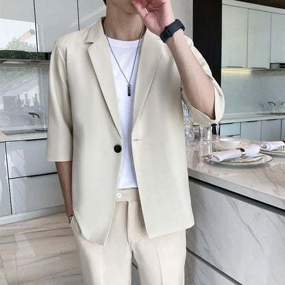 sanyamk Summer Short Sleeved Blazer Men Slim Fit Fashion Social Mens Dress Jacket Korean Casual Suit Jacket Mens Office Formal Jackets