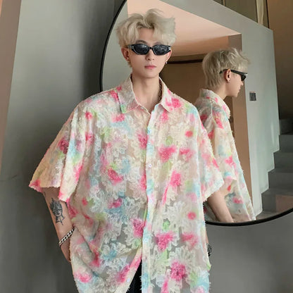 Bonsir Transparent Floral Handsome Shirts Summer Thin Fashion Casual Streetwear Loose Shirt Breathable Short Sleeve Men's Clothing