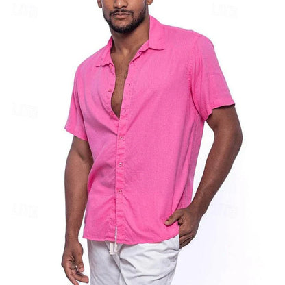 sanyamk Beach Casual Mens Shirt Cotton Linen Breathable Loose Solid Color Shirts Men Summer Fashion Lapel Button Short Sleeve Shirt Top