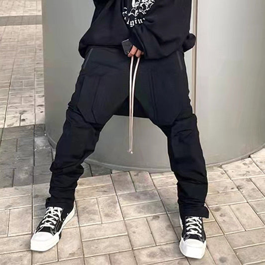 sanyamk High Street Vibe Style Drawstring Black Casual Trousers Retro Straight Oversized Pockets Harajuku Hip Hop Mens Track Pants