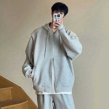 sanyamk  -  Autumn Korean Version Short Hoodies Sweatshirts for Men Cotton Solid Color Loose Sports Casual Zipper Cardigan Couple Hoodie